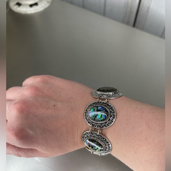 Blue Abalone Inlay Silver Tone Bracelet Oval Gem Toggle Bracelet - Picture 1 of 4